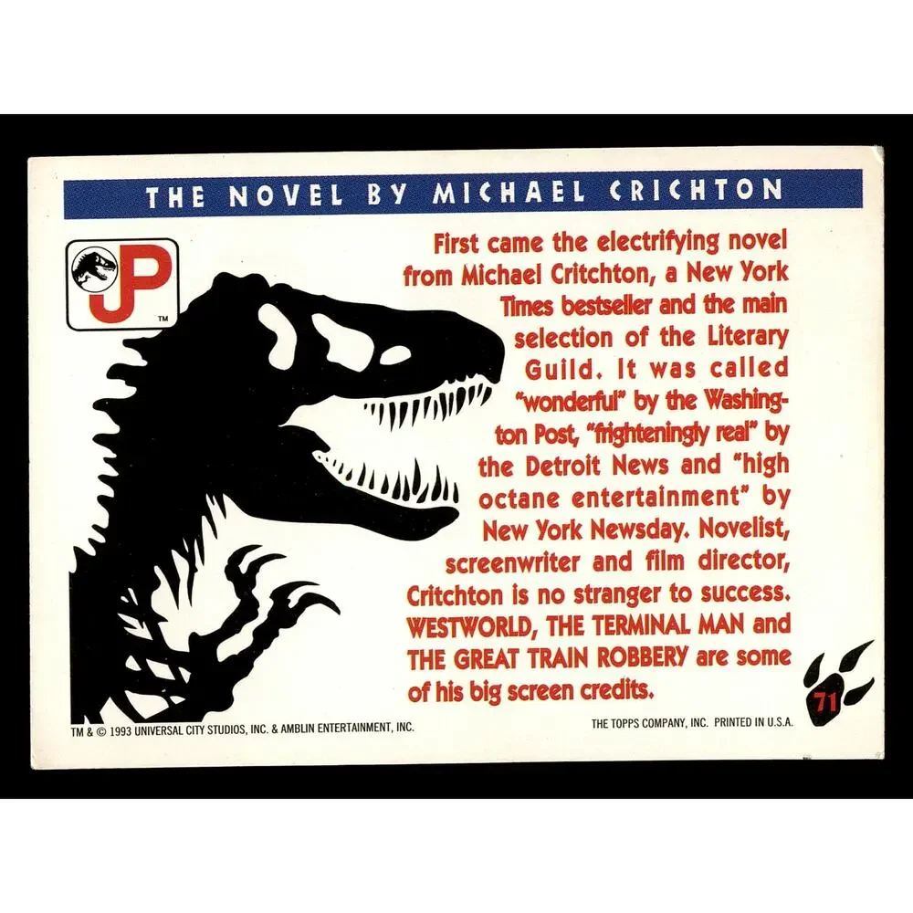 1993 Topps Jurassic Park #71 The Novel By Michael Crichton